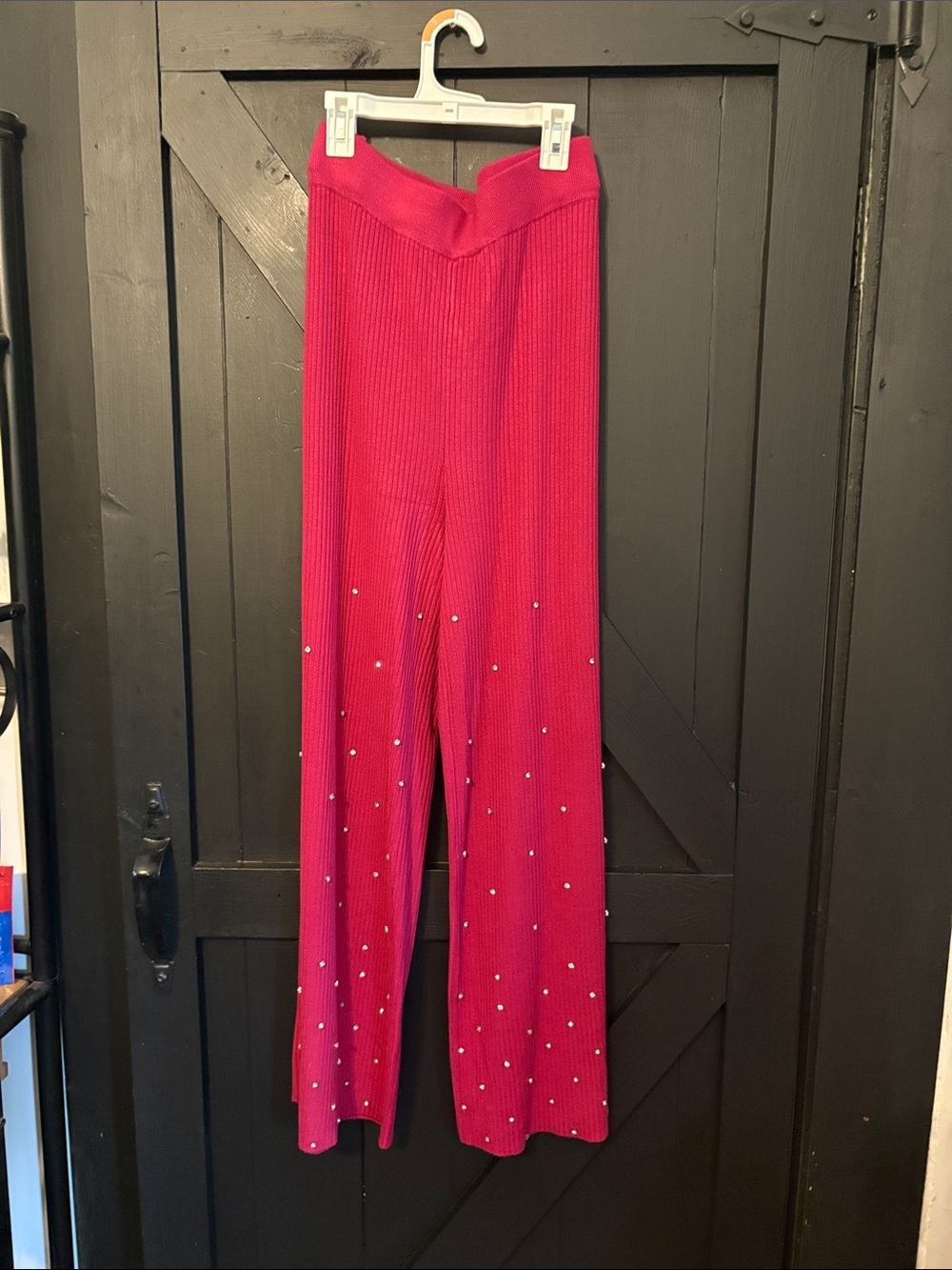 Wide-Leg Ribbed Knit Pants with Stud Embellishments in Fuchsia
